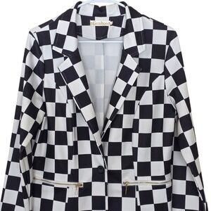 Genhoo Womens Black White Checkered Blazer Gold Zipper Detail Jacket Size L